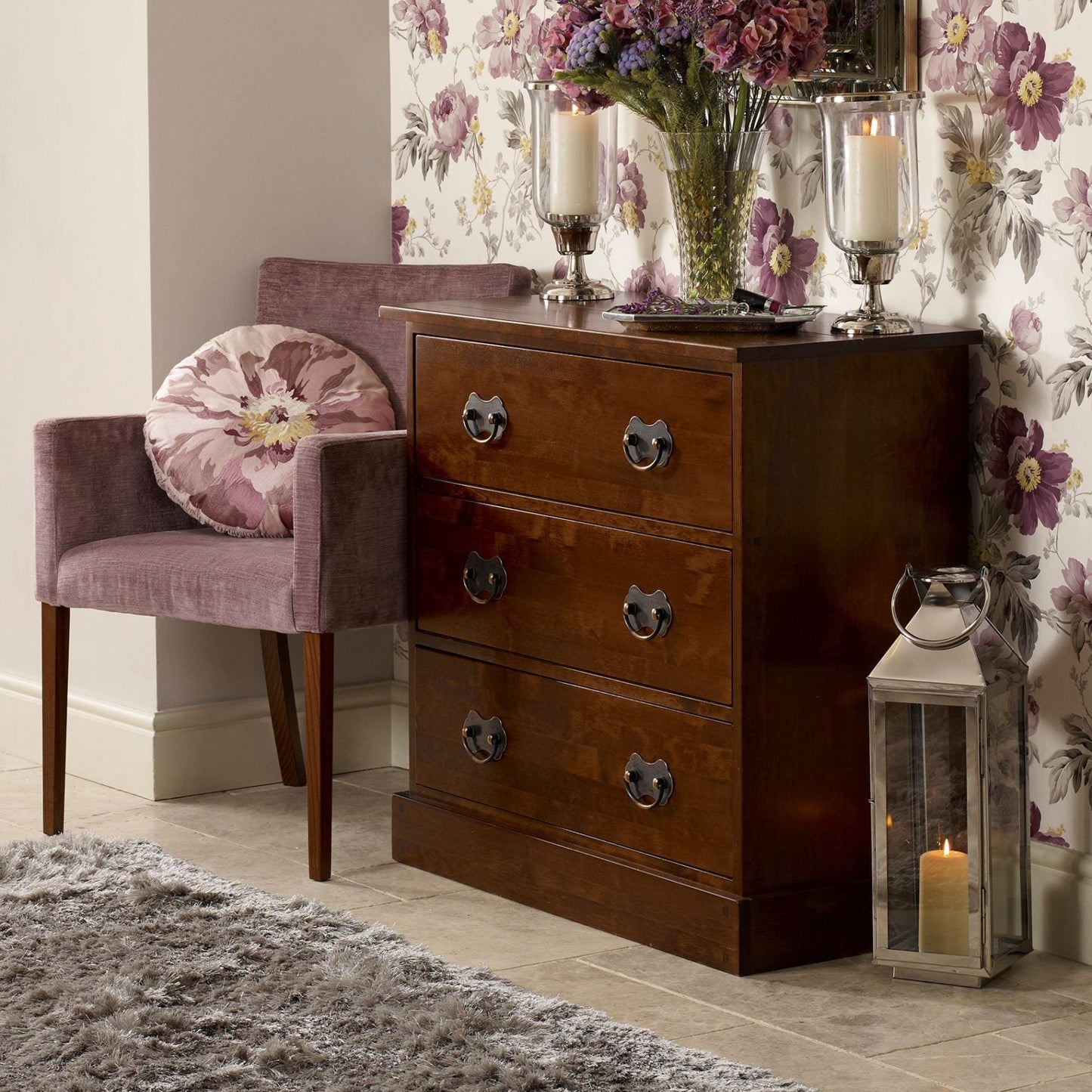 Laura Ashley Garrat 3 Drawer Chest with metal handles crafted from birch wood with a chestnut colour finish