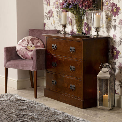 Laura Ashley Garrat 3 Drawer Chest with metal handles crafted from birch wood with a chestnut colour finish