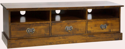 Laura Ashley Garrat Chestnut 3 Drawer TV Unit crafted from solid birch wood with metal handles, 3 shelves have cable tidy holes too