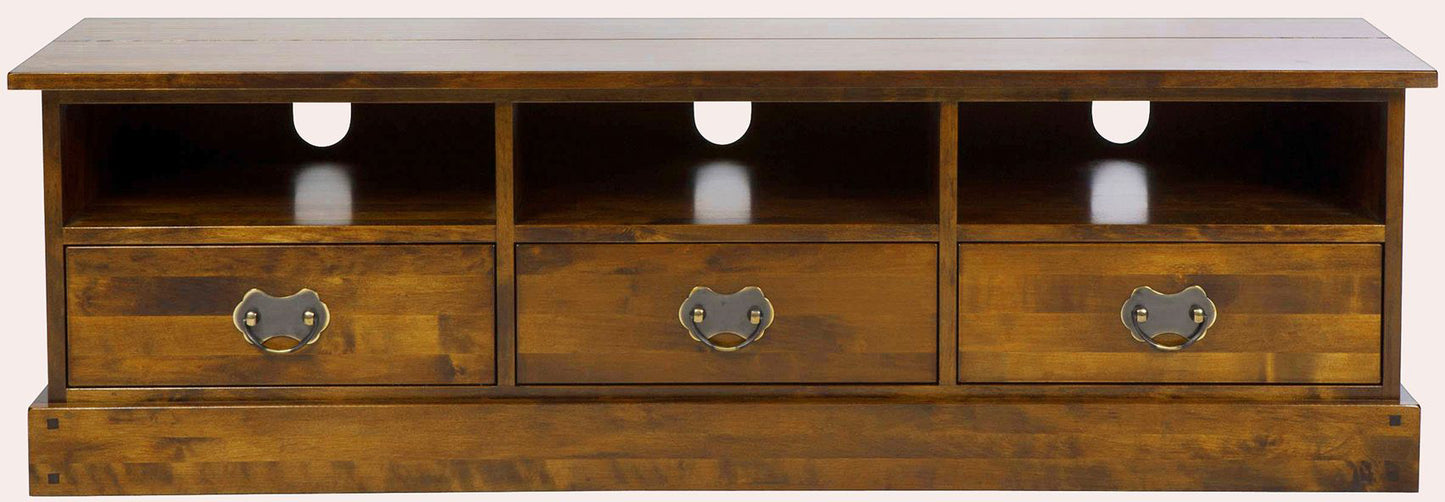 Laura Ashley Garrat Chestnut large TV cabinet with 3 spacious drawers with metal drop handles, and shelves with cable tidy holes