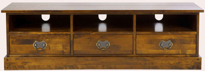 Laura Ashley Garrat Chestnut large TV cabinet with 3 spacious drawers with metal drop handles, and shelves with cable tidy holes