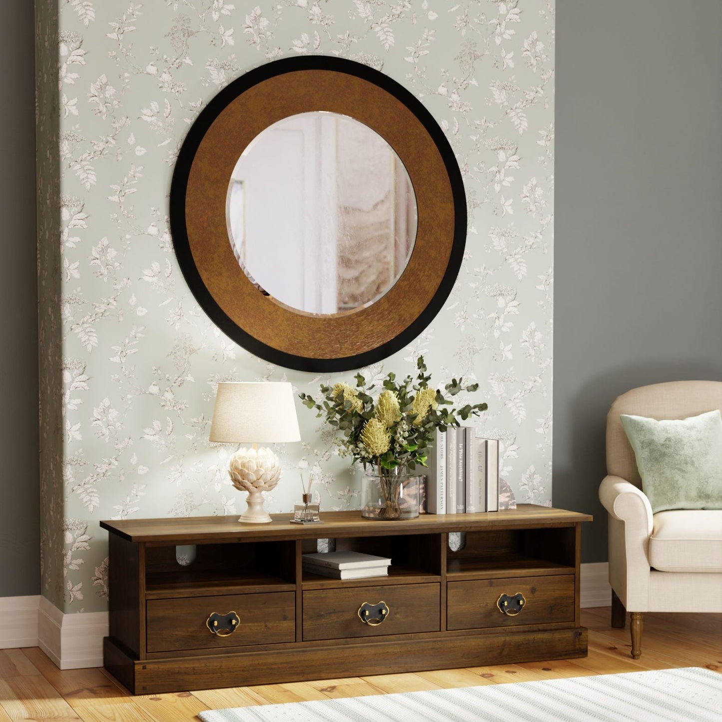 Laura Ashley Garrat large TV cabinet has 3 drawers and shelves with cable access to the rear and metal drop handles