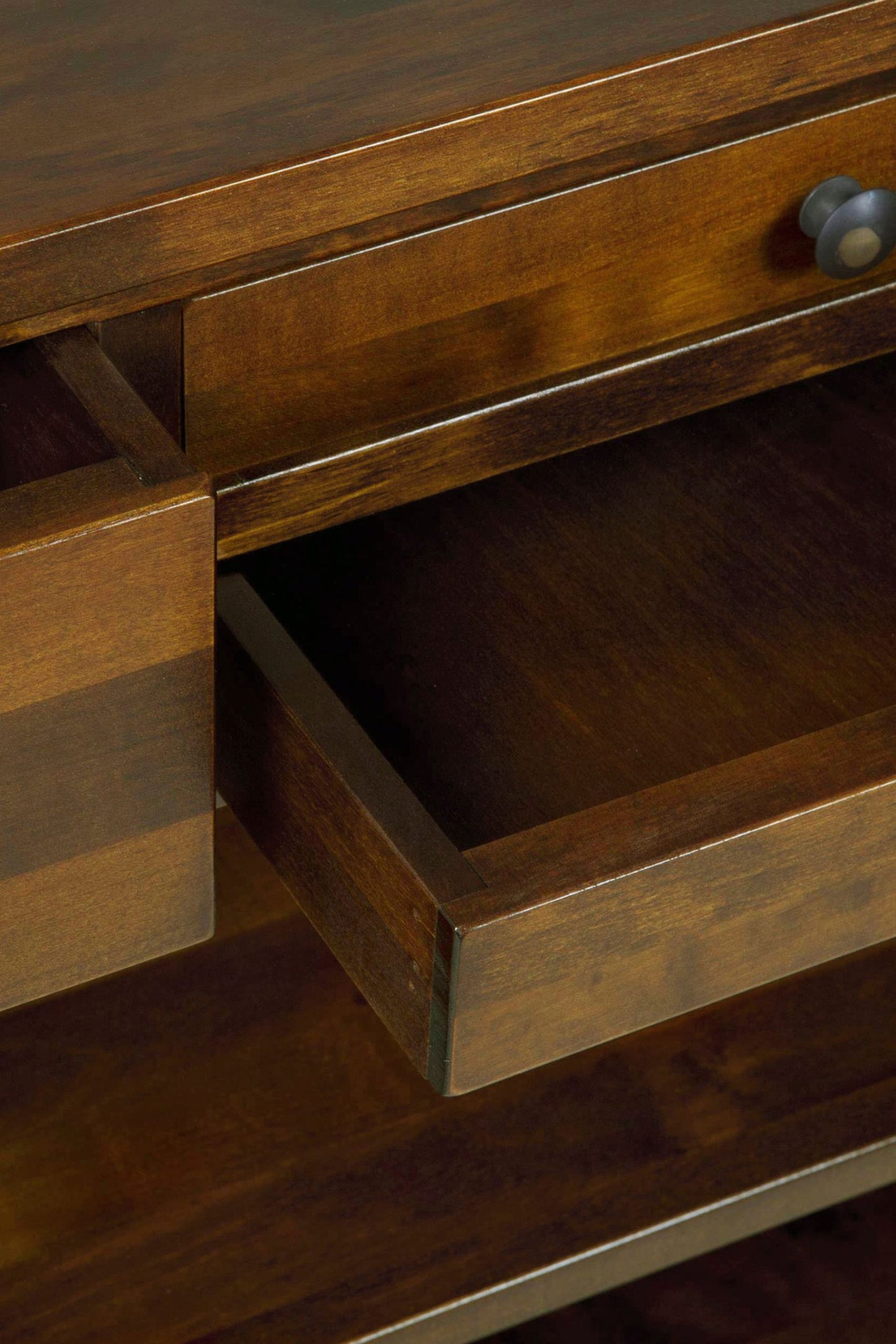 Laura Ashley Garrat 4 Drawer Console Table crafted from birch wood in a chestnut finish with metal drawer handles