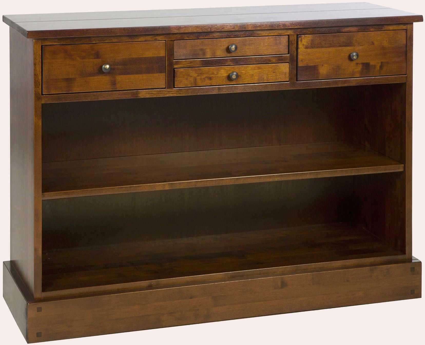 Laura Ashley Garrat Console Table features 4 top drawers with metal knobs and 2 full length shelves underneath, with a chestnut colour finish