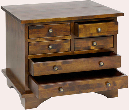 Laura Ashley Garrat Chestnut 6 Drawer Lamp Table crafted from solid birch wood features 4 smaller drawers and 2 wider bottom drawers