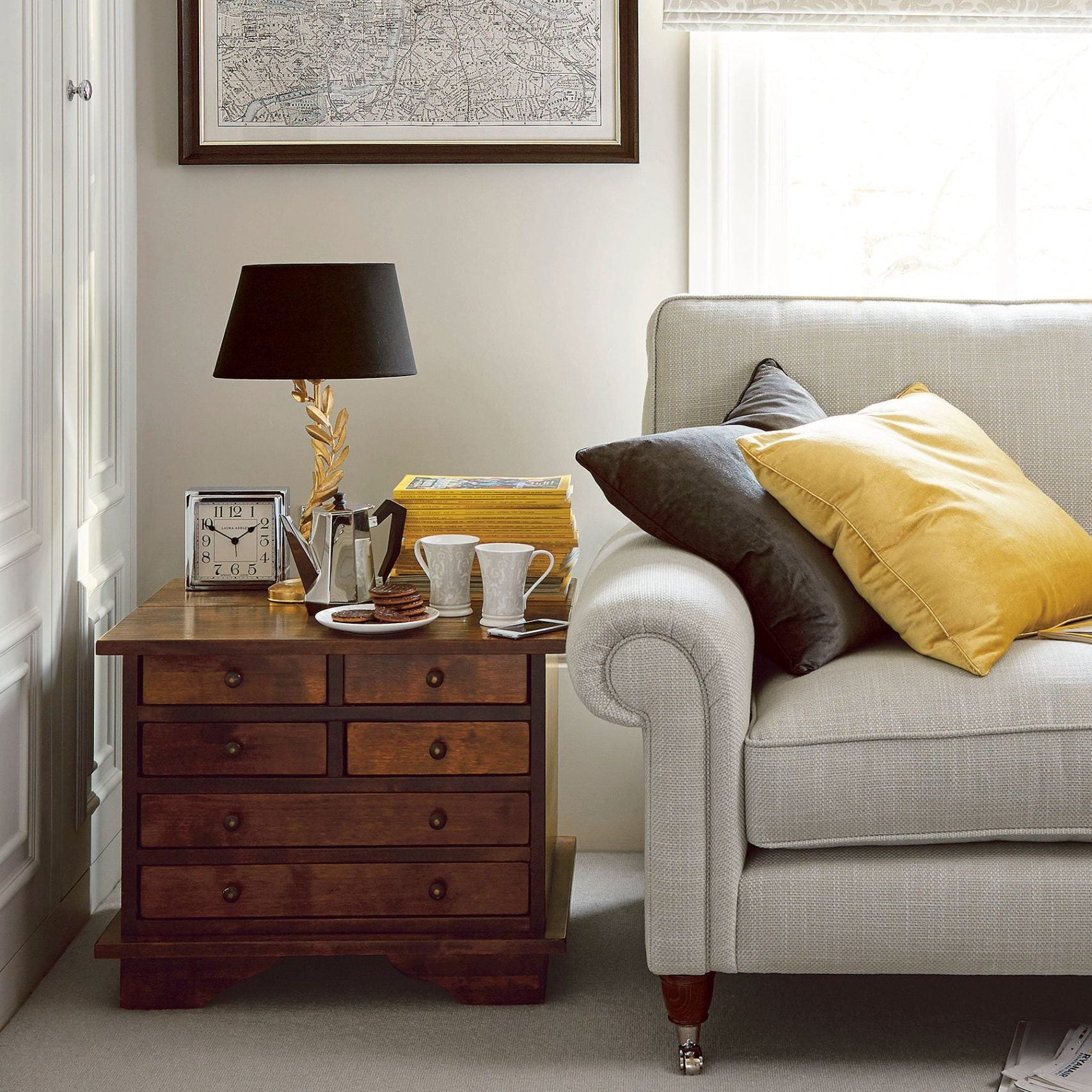 Laura Ashley Garrat Chestnut 6 Drawer Lamp Table, ideal storage side table with plenty of table top space 
