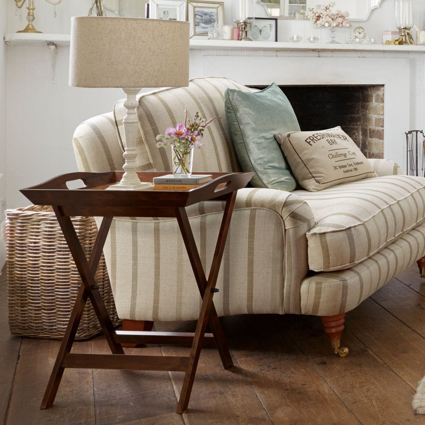 Laura Ashley Garrat serving tray table in chestnut birch wood with detachable tray, cut-out handles and foldable stand. 