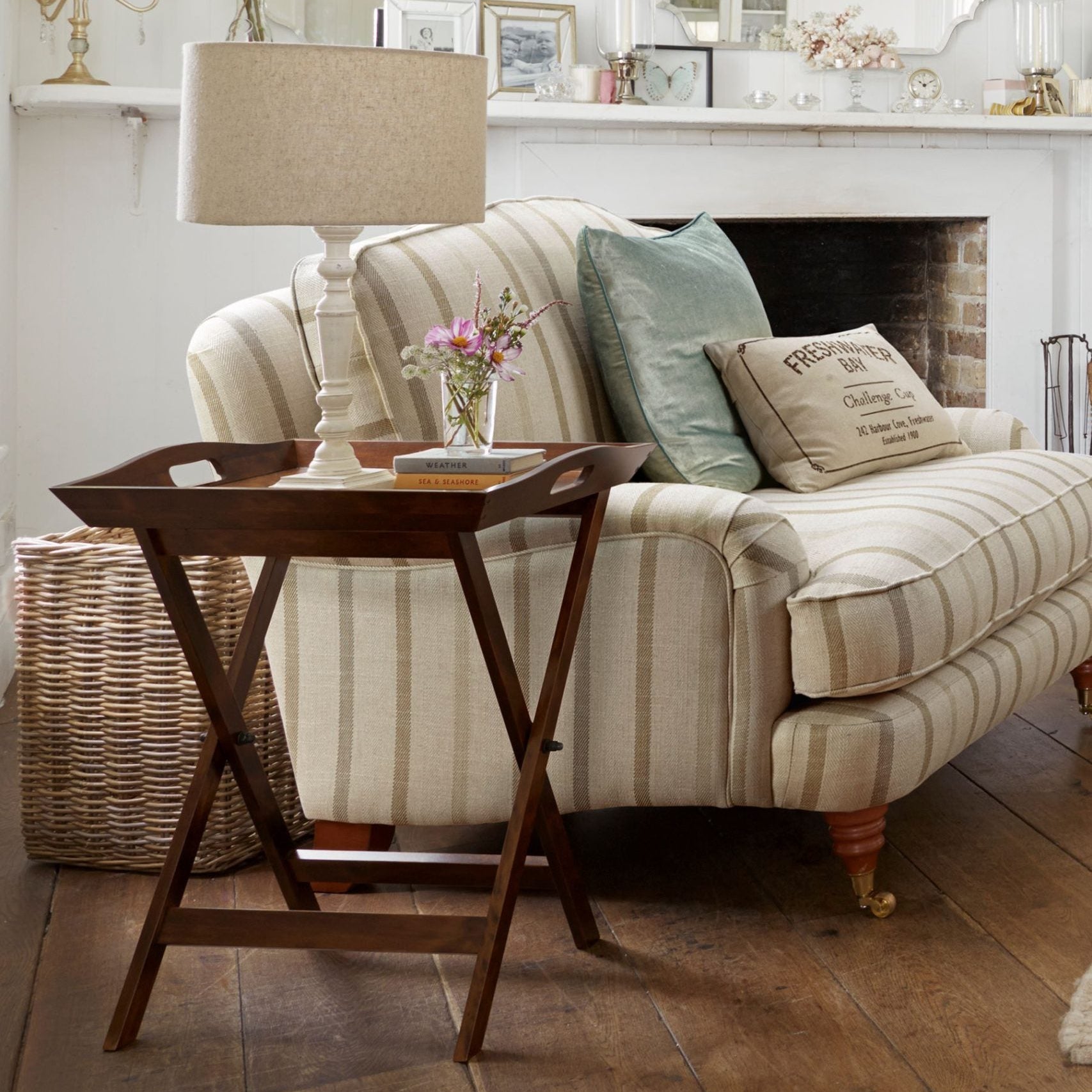 Laura Ashley Garrat serving tray table in chestnut birch wood with detachable tray, cut-out handles and foldable stand. 