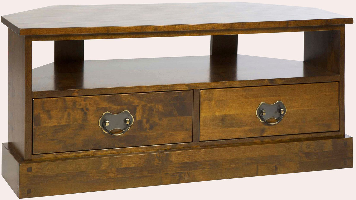Chestnut-finish corner TV unit with two drawers, open shelf and traditional metal handles from the Laura Ashley Garrat collection
