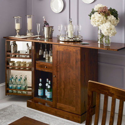 Garrat Chestnut drinks cabinet and home bar with fold-out bar serving top, hanging glass racks, shelves and bottle storage 