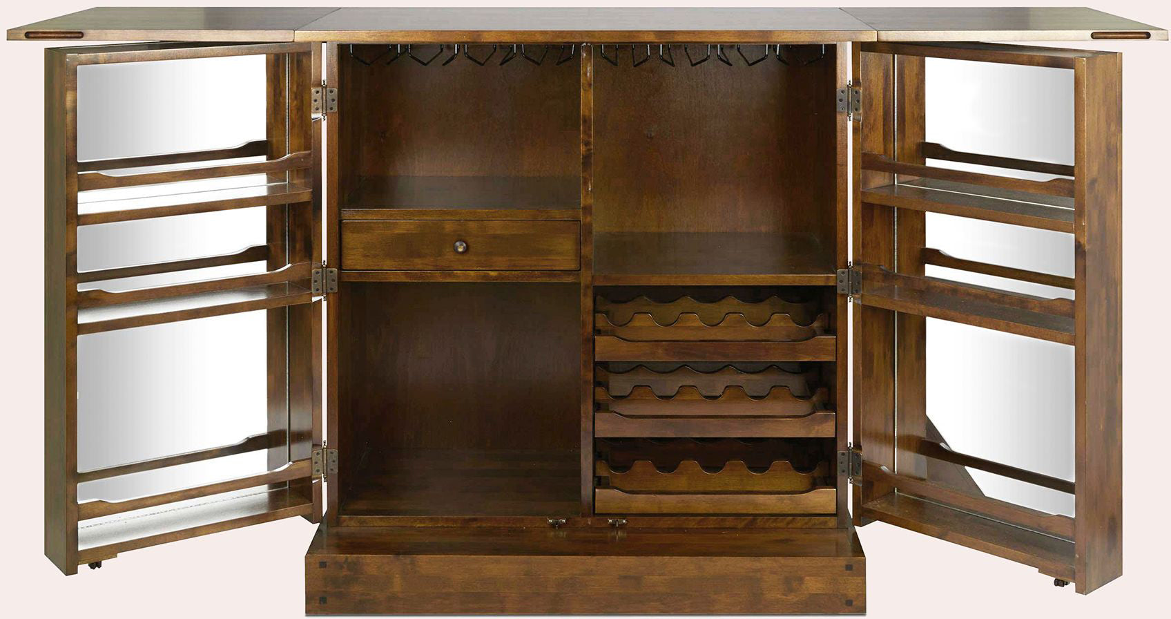 Laura Ashley Garrat honey-finish wooden drinks cabinet with glassware hanging racks, drawer and shelves, drop-leaf serving surface, wine racks and interior mirrored doors with additional bottle storage