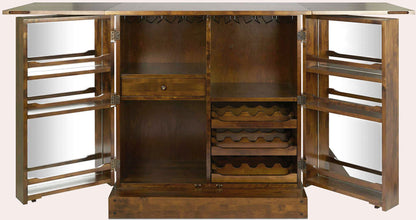Laura Ashley Garrat honey-finish wooden drinks cabinet with glassware hanging racks, drawer and shelves, drop-leaf serving surface, wine racks and interior mirrored doors with additional bottle storage