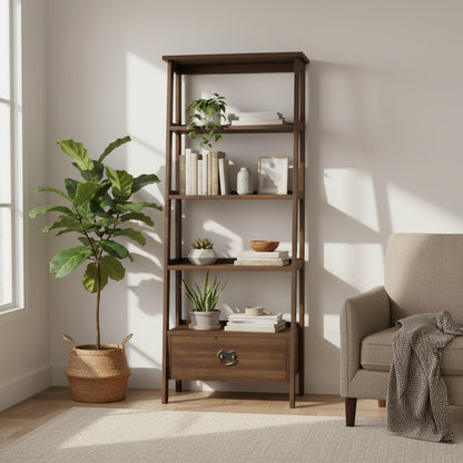 Garrat chestnut ladder shelving unit by Laura Ashley with deep wood tones, sturdy frame and antique-style brass drawer pull.