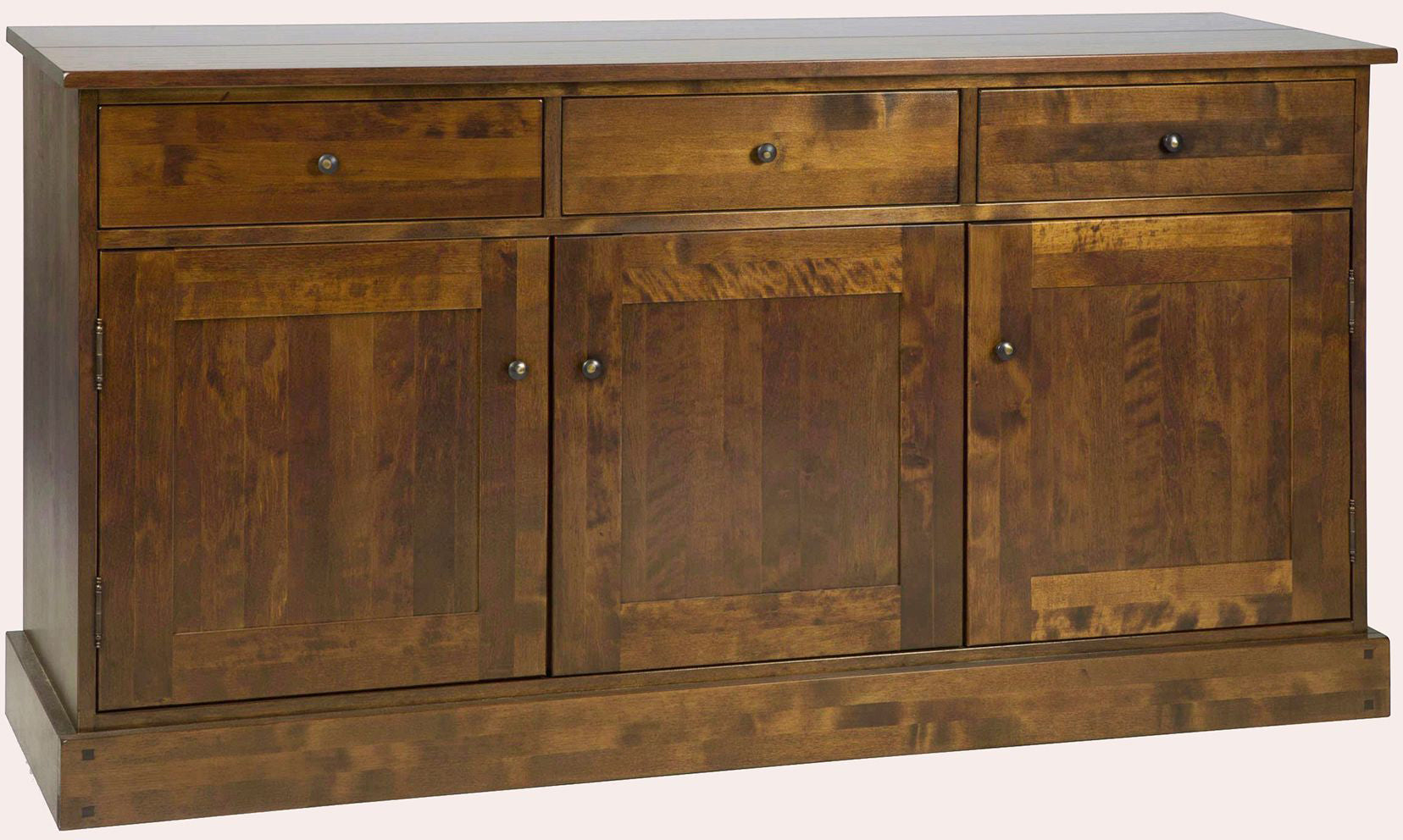 Laura Ashley Garrat 3 door 3 drawer large sideboard crafted from solid birch wood with a deep chestnut colour finish with metal door and drawer knobs