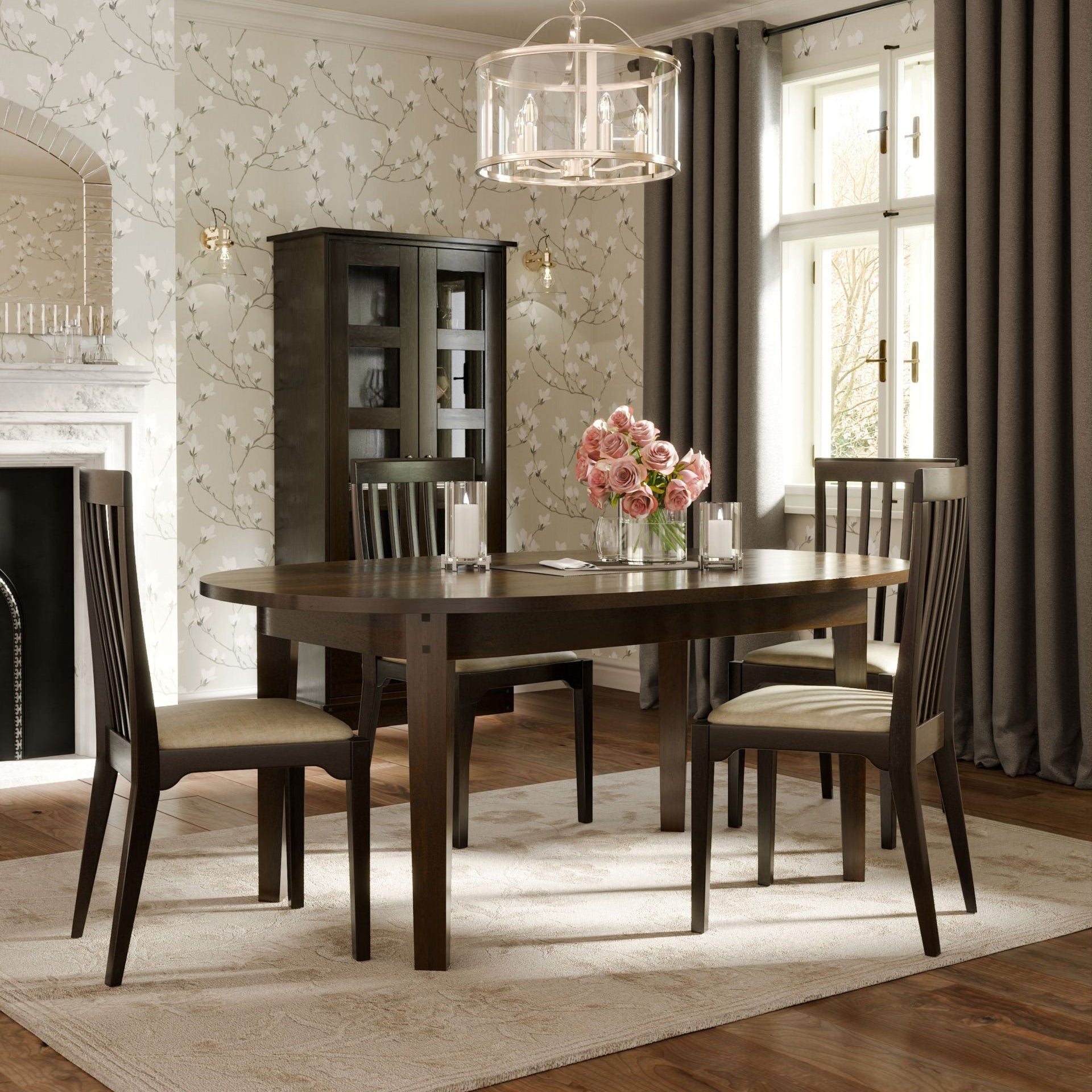 Laura Ashley Garrat honey oval dining table with extendable leaf that can accommodate 6-8 people, warm wood grain and elegant traditional detailing.