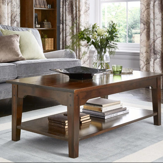 Laura Ashley Garrat Rectangular Coffee Table crafted from deep chestnut birch wood with underneath shelf and square legs
