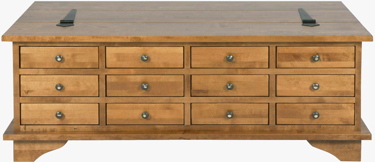 Laura Ashley Garrat Coffee Table in Honey features 12 storage drawers with metal drawer knobs and has a hinged lift up table top  with additional storage