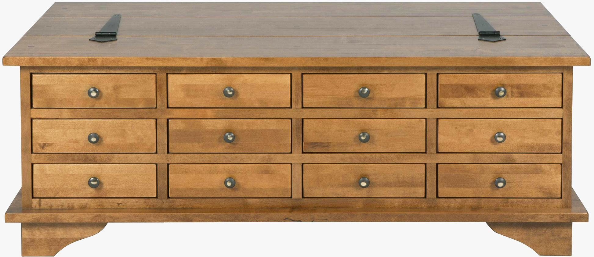 Laura Ashley Garrat Coffee Table in Honey features 12 storage drawers with metal drawer knobs and has a hinged lift up table top  with additional storage