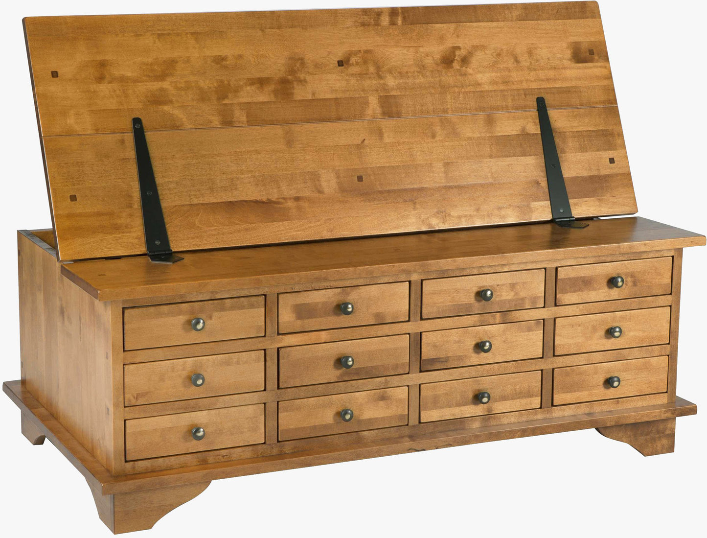 Laura Ashley Garrat Honey 12 Drawer Coffee Table with hinged lift up tabletop for additional storage and 12 drawers with metal knobs