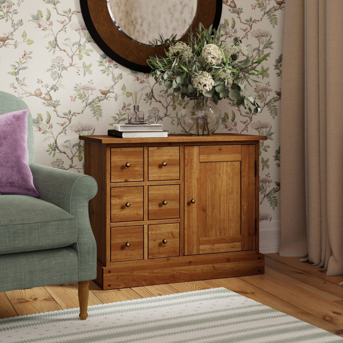 Laura Ashley Garrat Honey 1 Door 6 Drawer Sideboard crafted from solid birch wood with a honey coloured finish