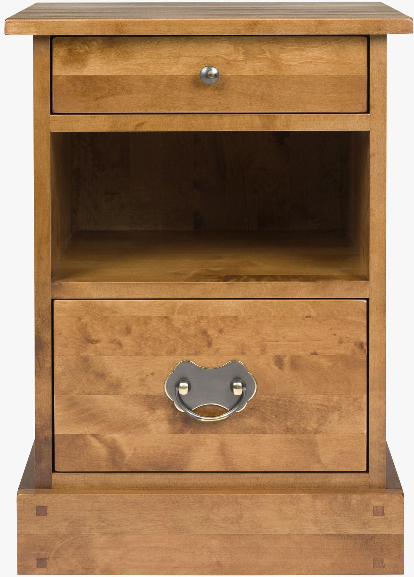 Laura Ashley Garrat Honey 2 Drawer Side Table features 2 storage drawers and a middle shelf crafted from solid wood with metal handles