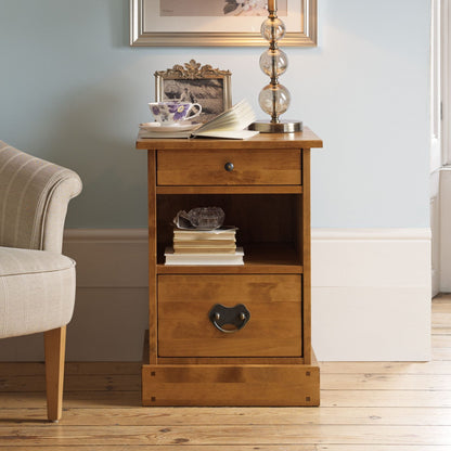 Laura Ashley 2 Drawer Side Table with middle shelf, crafted from solid birch wood with antique style metal handles from the Garrat Honey collection