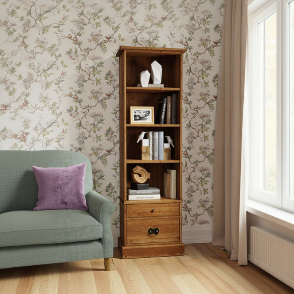 Laura Ashley Garrat Honey 2 Drawer Single Bookcase features four spacious shelves and two lower storage drawers
