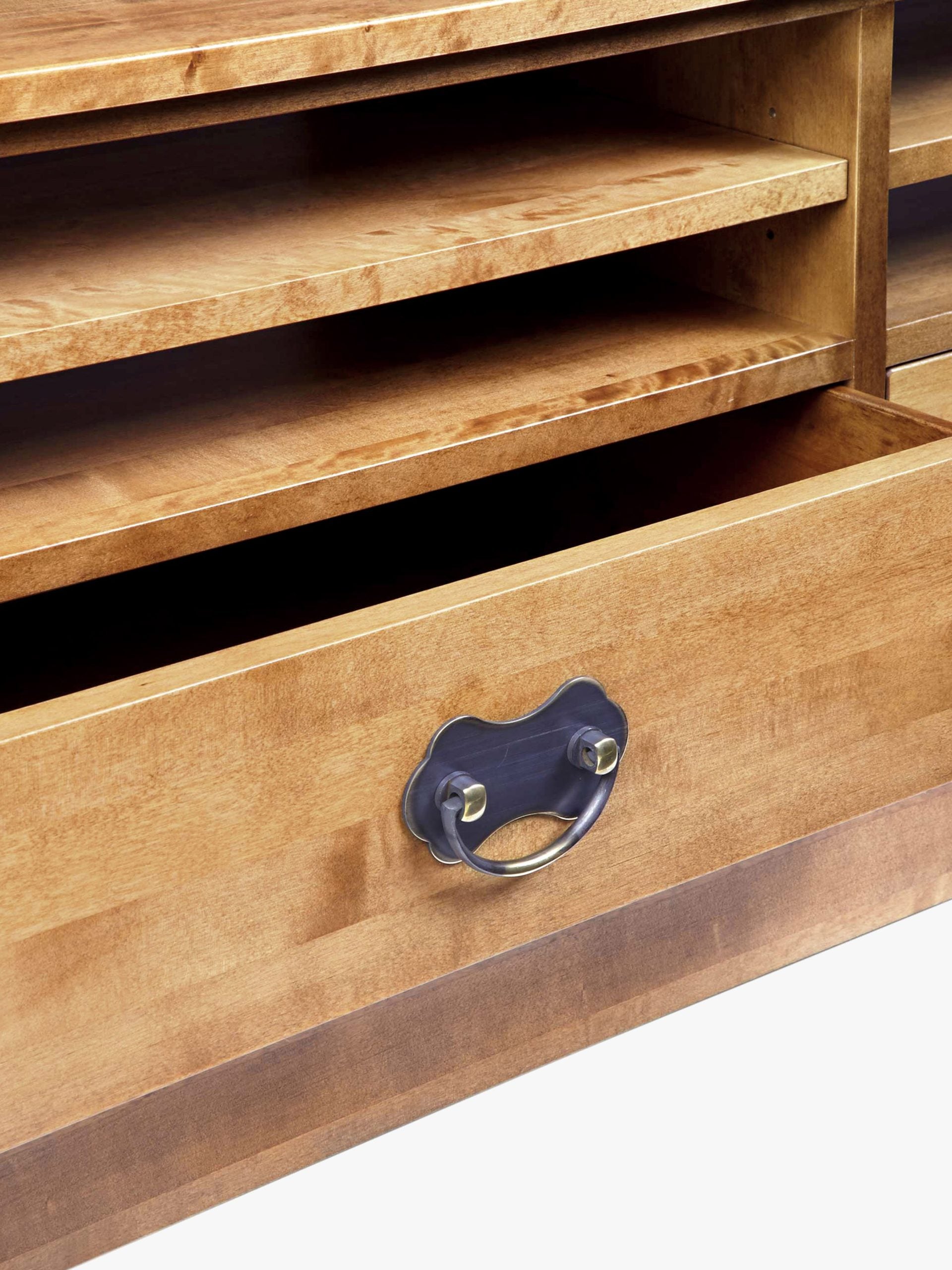 Laura Ashley Garrat Honey 2 Drawer TV Unit crafted from birch wood with shelves and storage drawers with antique style metal drop handles