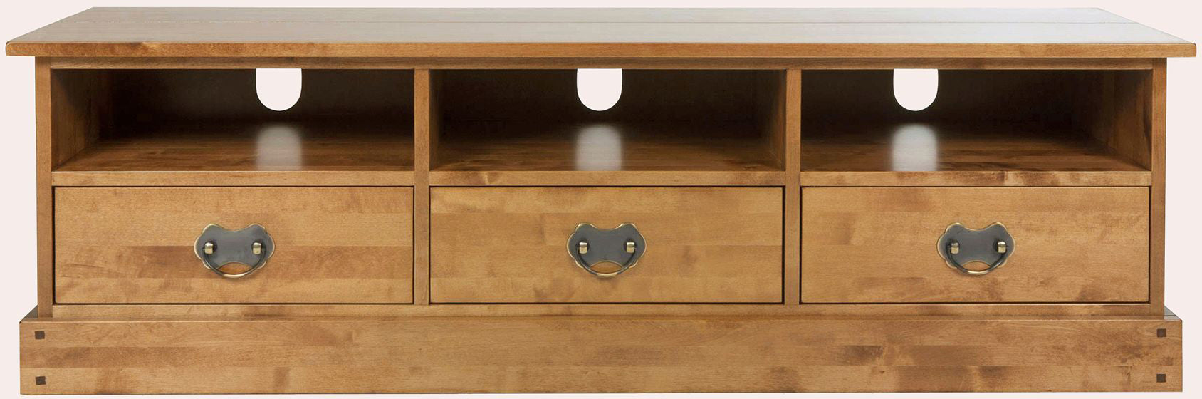 Laura Ashley Garrat Honey 3 Drawer TV cabinet has 3 lower storage drawers and 3 shelves with cable tidy holes at the back of the unit
