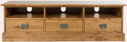 Laura Ashley Garrat Honey 3 Drawer TV cabinet has 3 lower storage drawers and 3 shelves with cable tidy holes at the back of the unit