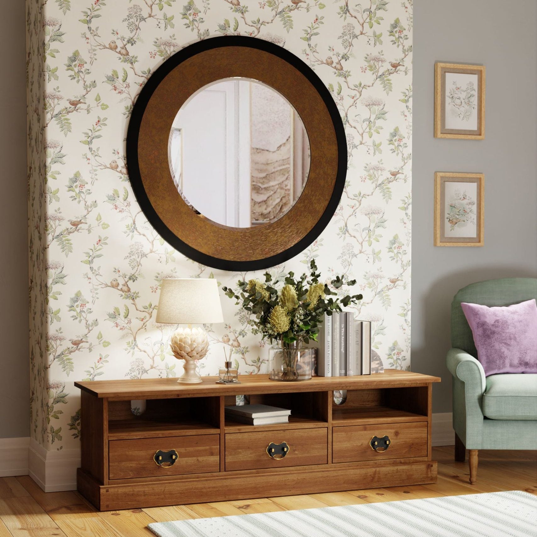 Laura Ashley Garrat Honey 3 Drawer TV cabinet with shelves and storage drawers and metal drop handles 