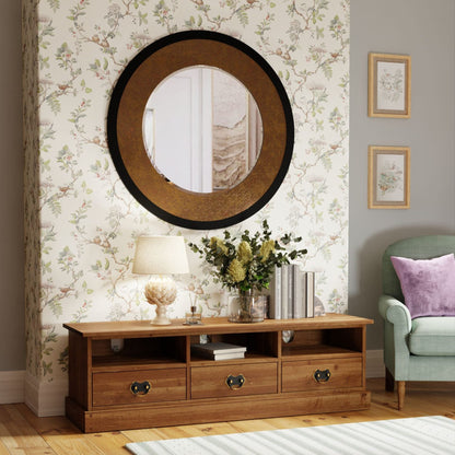 Laura Ashley Garrat Honey 3 Drawer TV cabinet with shelves and storage drawers and metal drop handles 