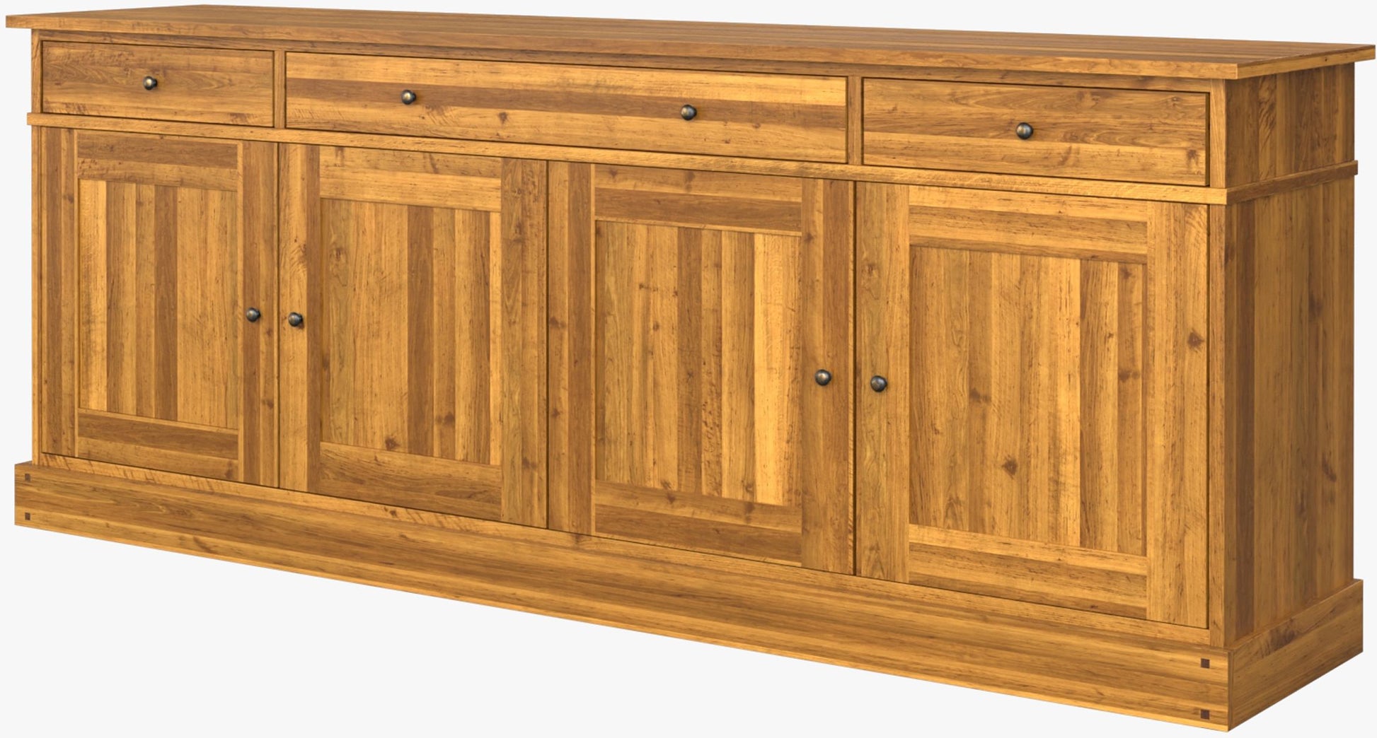 Laura Ashley large honey wood sideboard featuring three top drawers and four panelled cupboard doors from the Garrat collection with internal shelving for organised dining storage