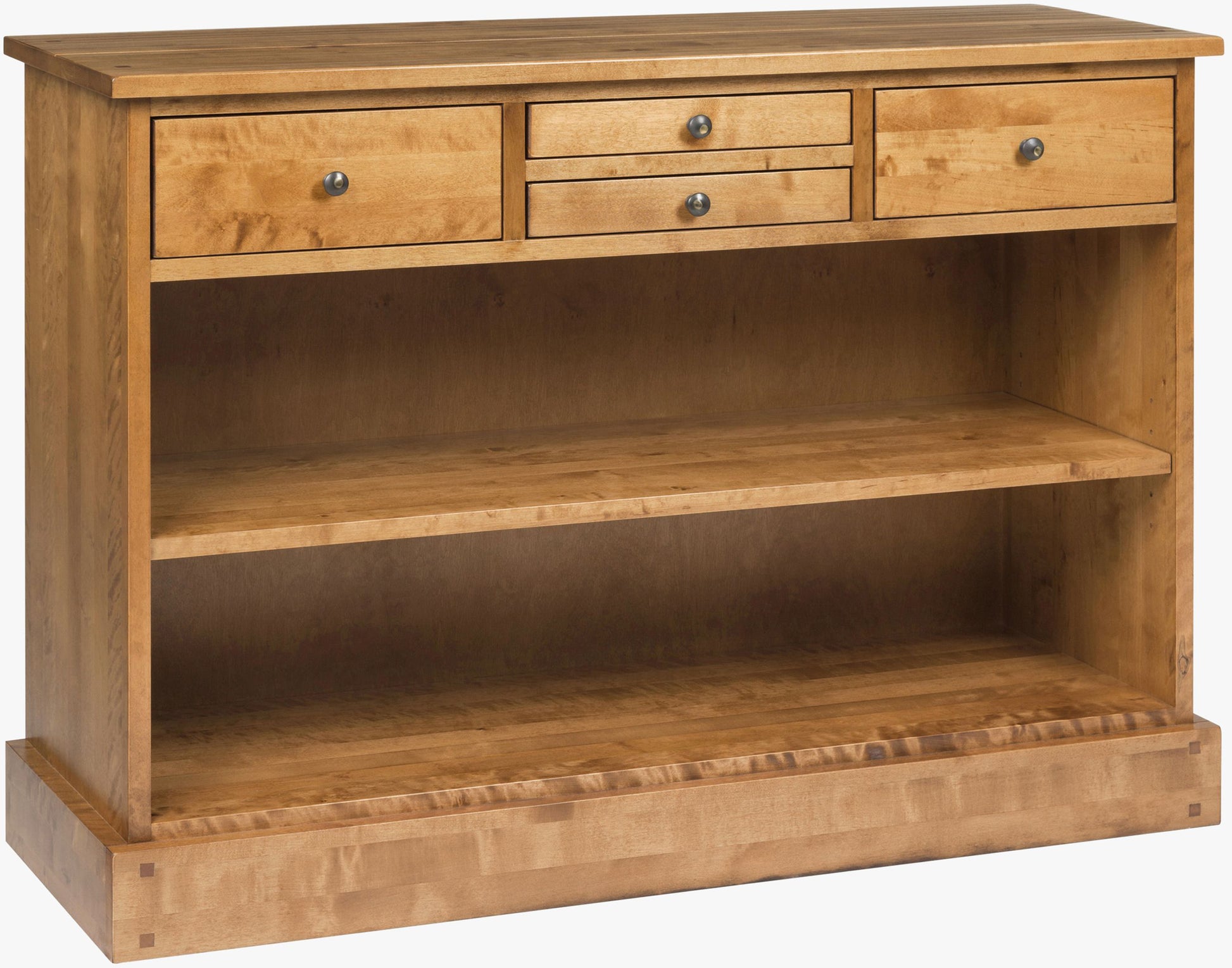 Laura Ashley Garrat 4 Drawer Console Table crafted from a warm honey birch wood with 2 good sized side drawers and 2 smaller middle drawers, plus 2 full length shelves underneath