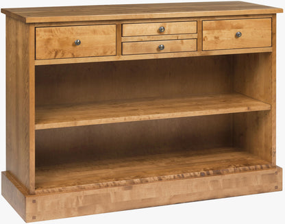 Laura Ashley Garrat 4 Drawer Console Table crafted from a warm honey birch wood with 2 good sized side drawers and 2 smaller middle drawers, plus 2 full length shelves underneath