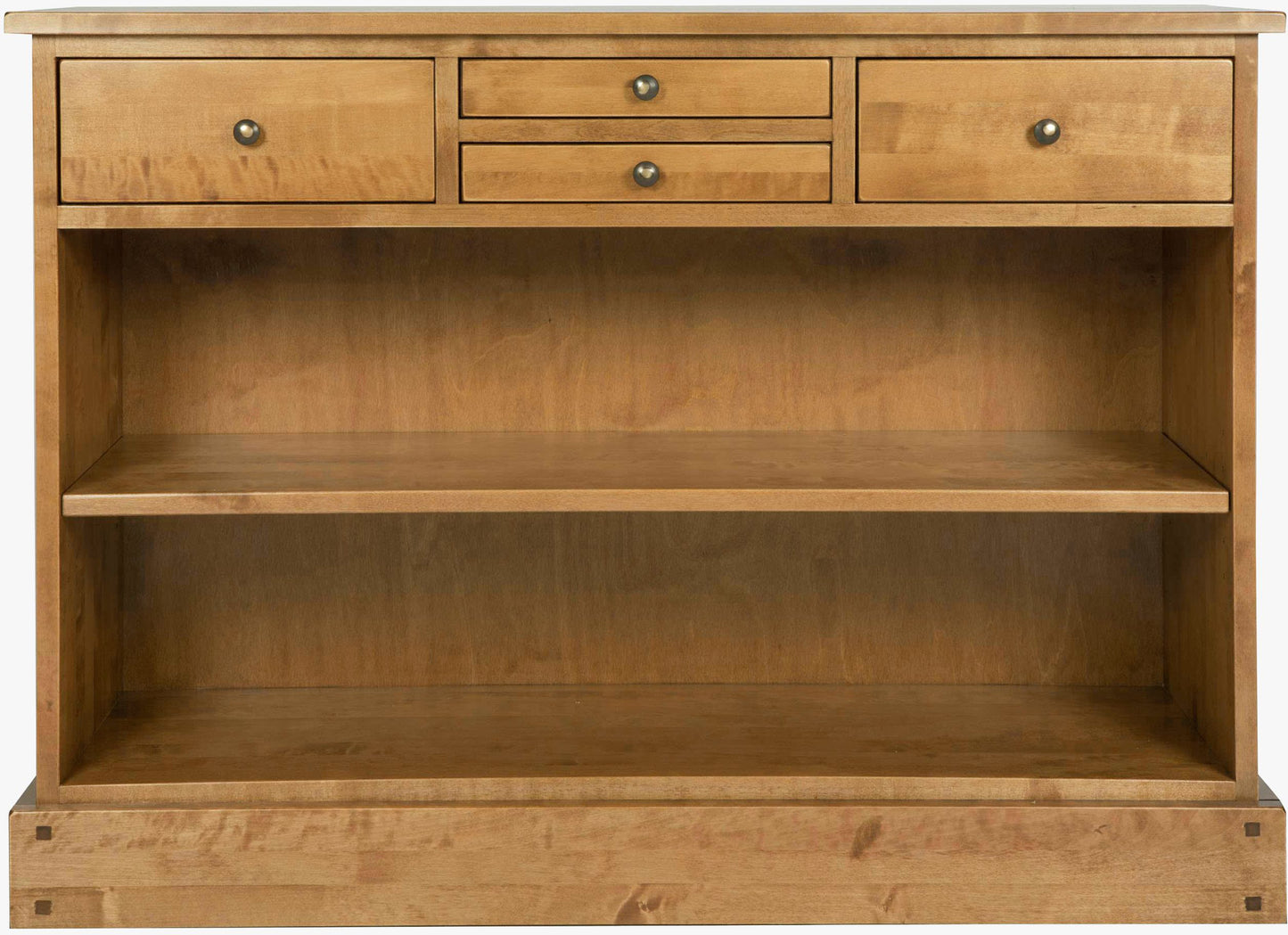 Laura Ashley Garrat Honey 4 Drawer Console Table crafted from solid birch wood with two full width shelves and four top drawers complemented by brushed metal knobs