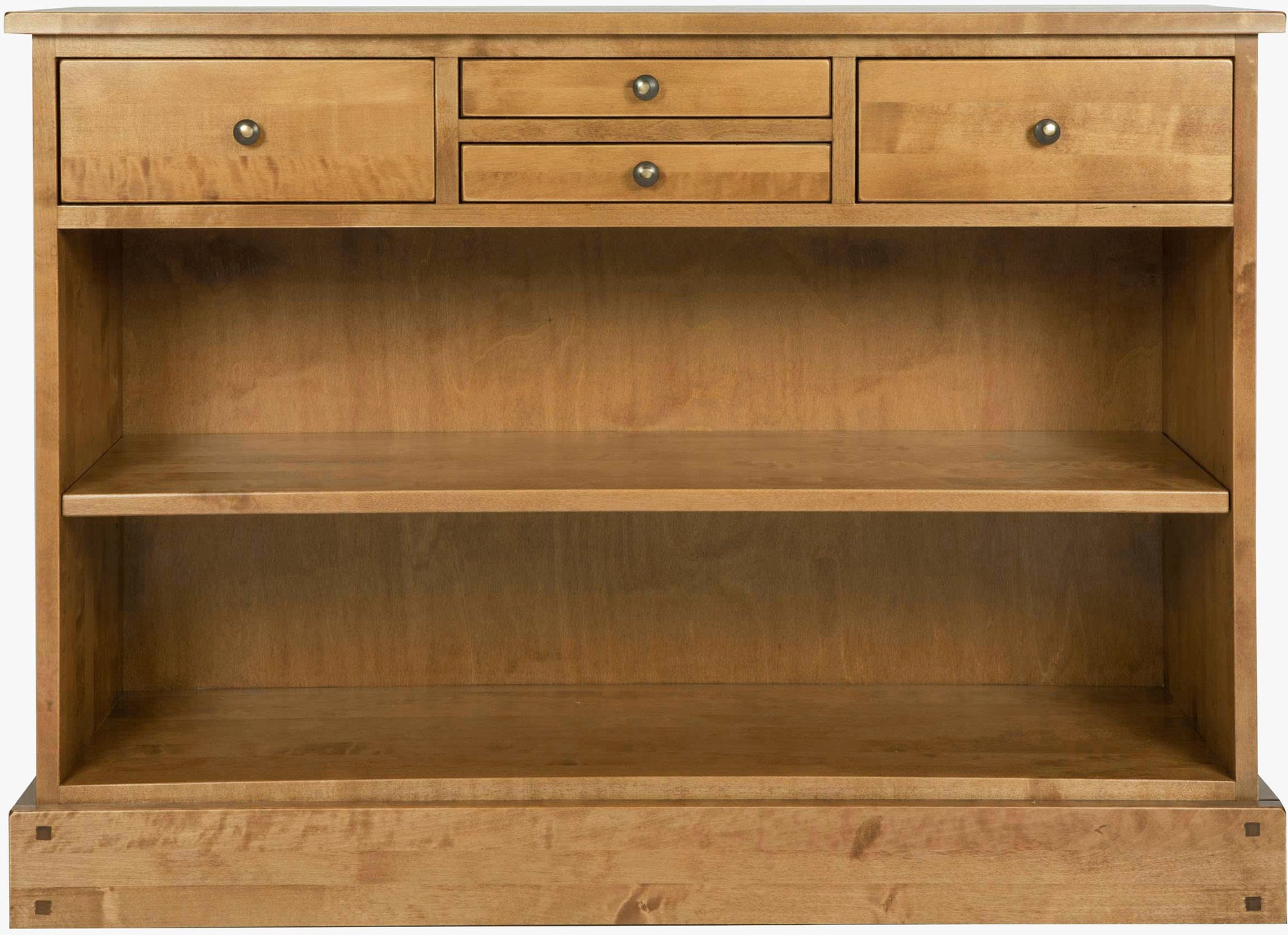 Laura Ashley Garrat Honey 4 Drawer Console Table crafted from solid birch wood with two full width shelves and four top drawers complemented by brushed metal knobs