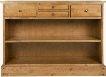 Laura Ashley Garrat Honey 4 Drawer Console Table crafted from solid birch wood with two full width shelves and four top drawers complemented by brushed metal knobs