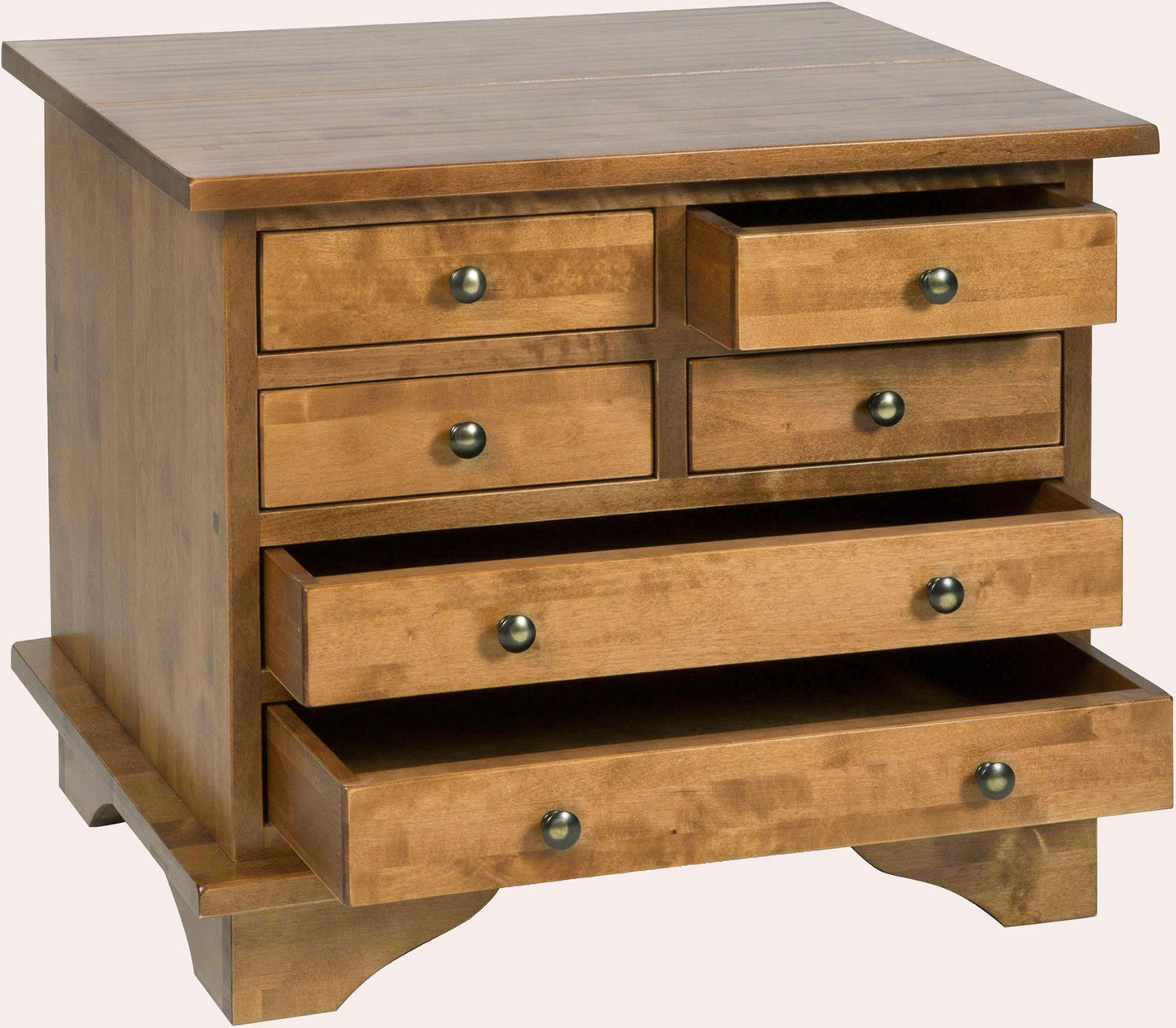 Laura Ashley Garrat Honey 6 Drawer Lamp Table features 4 small drawers and 2 wide drawers with metal knobs, and a good sized table top in solid birch wood
