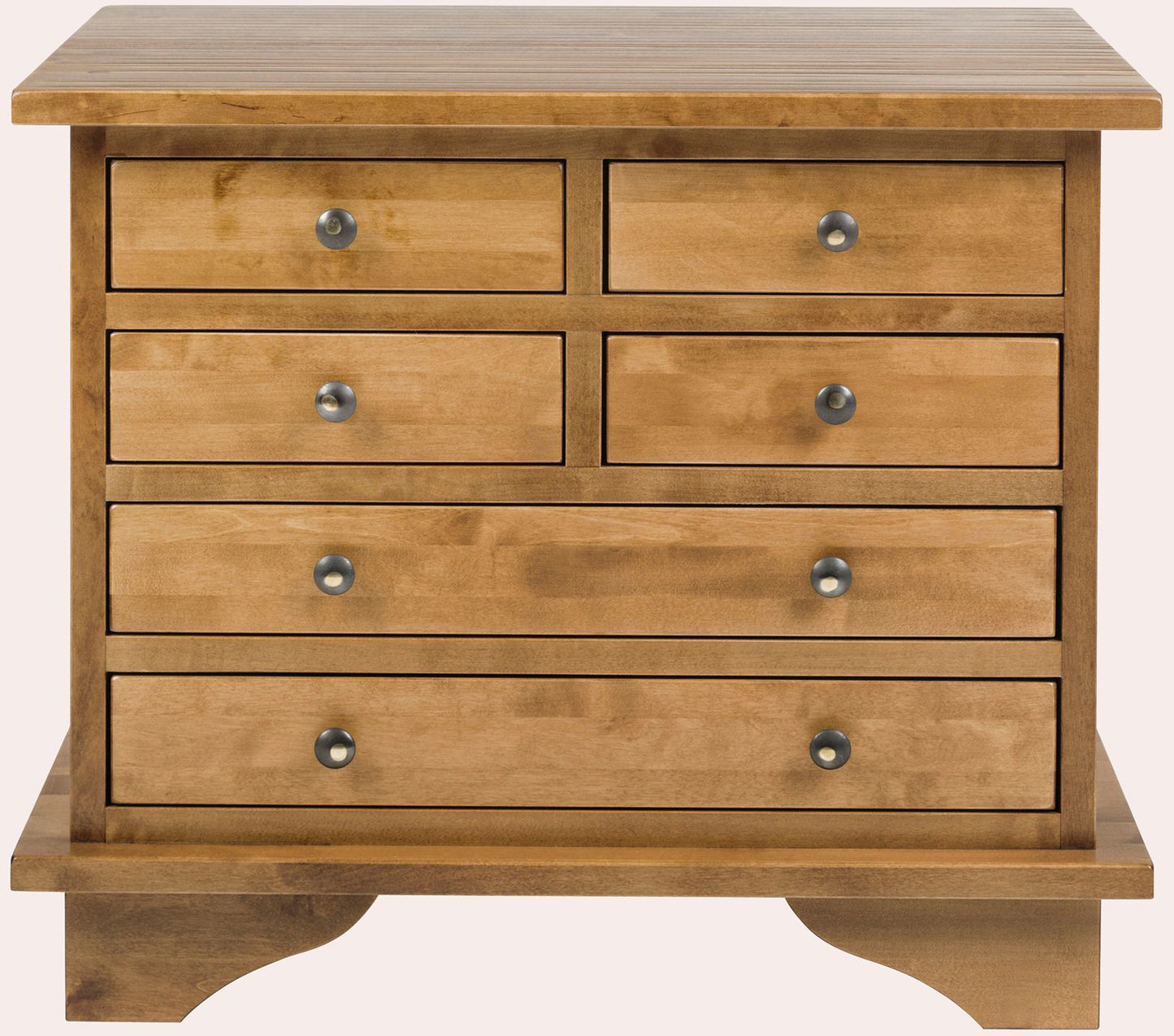 Laura Ashley Garrat Honey 6 Drawer Lamp Table in solid birch wood with brushed metal drawer knobs and curved feet