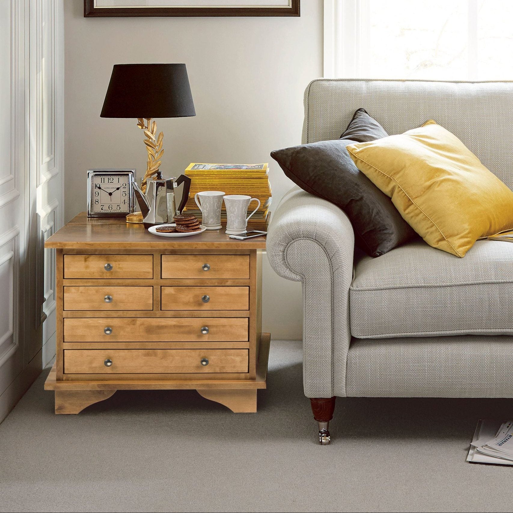 Laura Ashley Garrat 6 Drawer Lamp Table in warm honey solid birch wood, with 6 drawers and a good sized table top 