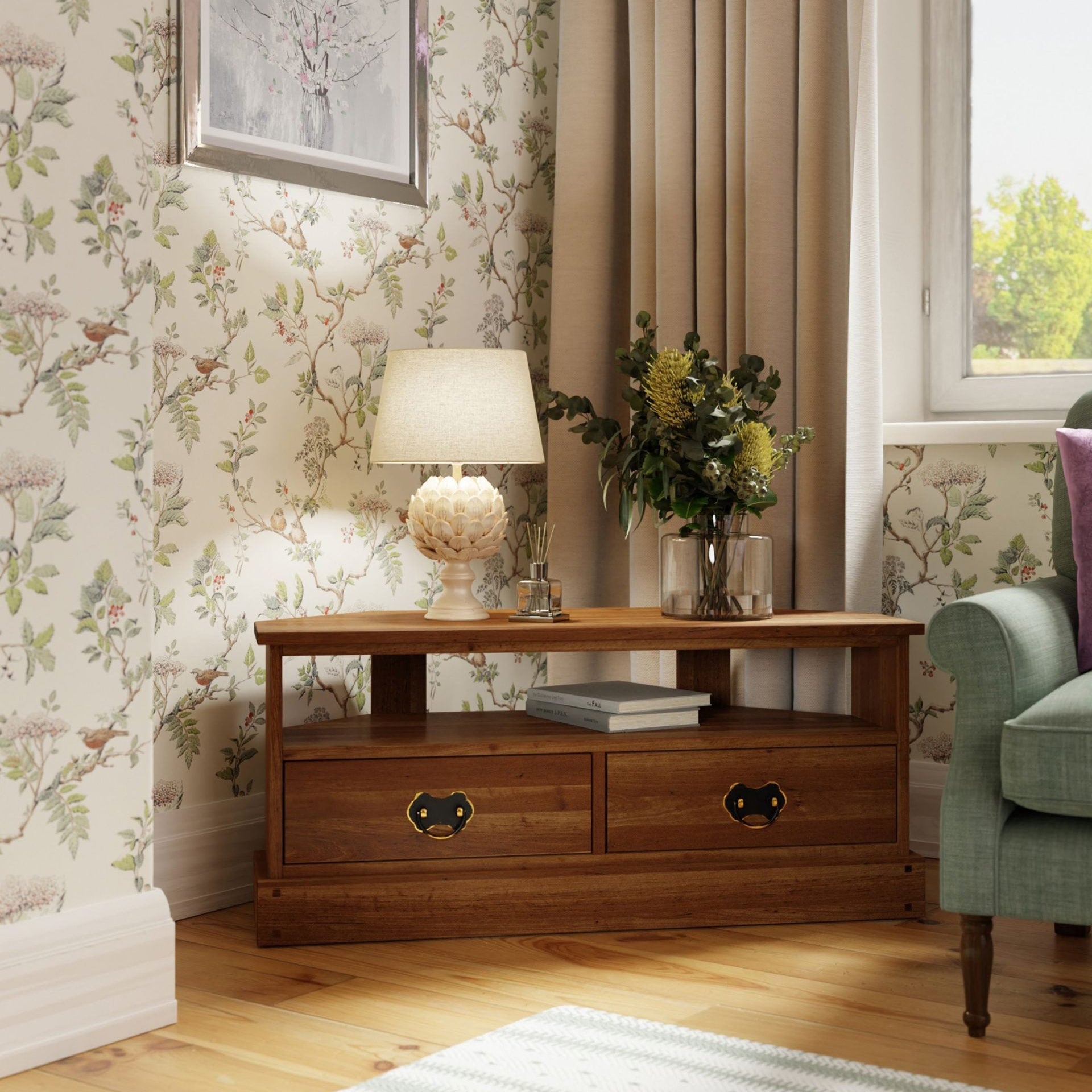 Laura Ashley Garrat honey traditional corner TV unit with two spacious storage drawers and open shelf for easy cable access 