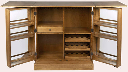Laura Ashley Garrat honey drinks cabinet with double doors, fold-out drop-leaf serving top and interior bottle storage, glassware racks, drawer and shelves, and internal mirror doors with bottle storage