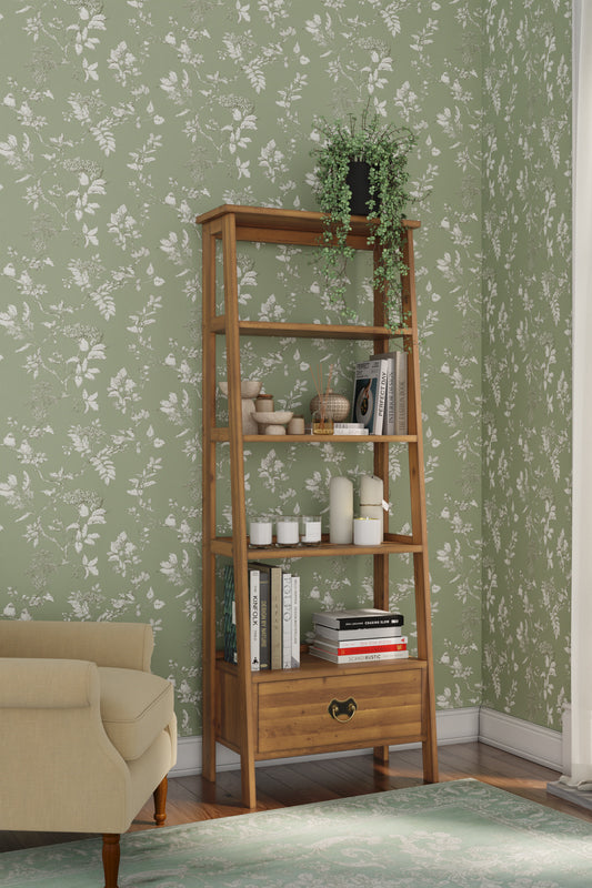 Laura Ashley Garrat honey ladder bookcase featuring 4 tiered open shelving and a spacious bottom drawer with brass handle.