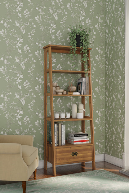 Laura Ashley Garrat honey ladder bookcase featuring 4 tiered open shelving and a spacious bottom drawer with brass handle.