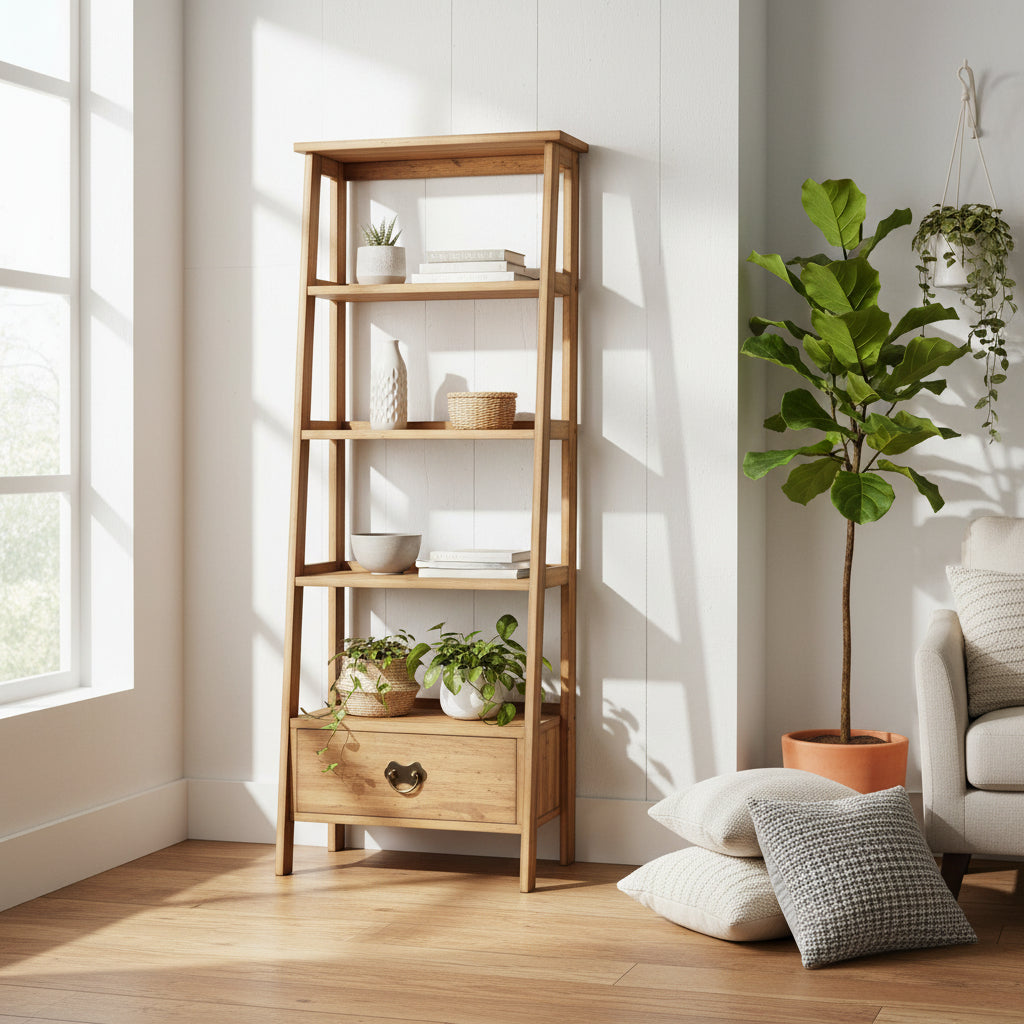 Laura Ashley Garrat solid wood ladder bookcase in honey finish with multiple shelves and lower drawer for hidden storage.