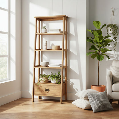 Laura Ashley Garrat solid wood ladder bookcase in honey finish with multiple shelves and lower drawer for hidden storage.