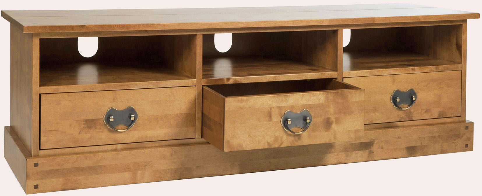 Laura Ashley Garrat Honey Large TV cabinet features 3 spacious drawers with metal handles and 3 shelves with cable tidy holes 
