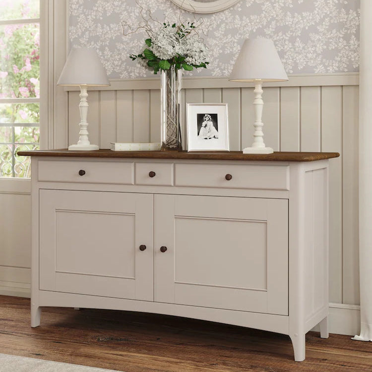 Laura Ashley Hapton 2 Door 3 Drawer Sideboard in soft truffle colour painted wood and a dark chestnut finish top, with matching drawer and door handles