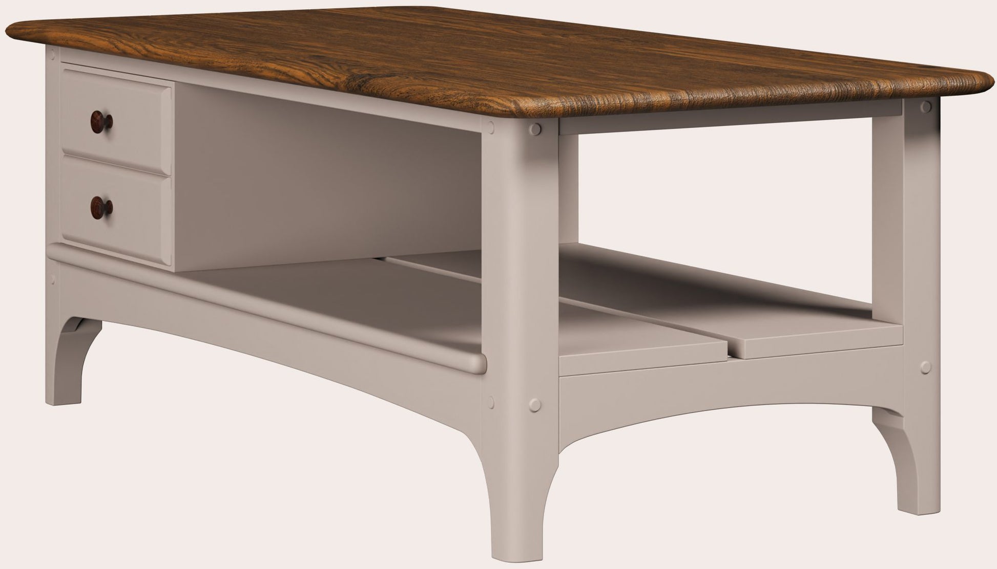The Hapton coffee table from Laura Ashley in Soft Truffle painted finish with Dark Chestnut top, featuring drawers and a lower shelf.